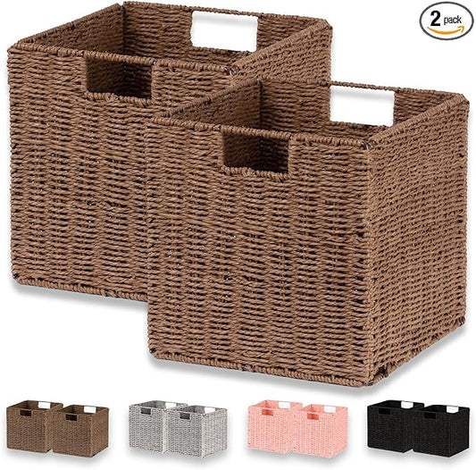 Wicker Basket, Set of 2 Hand-Woven Paper Rope Storage Baskets for Organizing, Foldable Cubby Storage Bins, 11 Inch Large Wicker Storage Basket, Square Baskets Cube Storage Organizer, Brown by Vagusicc