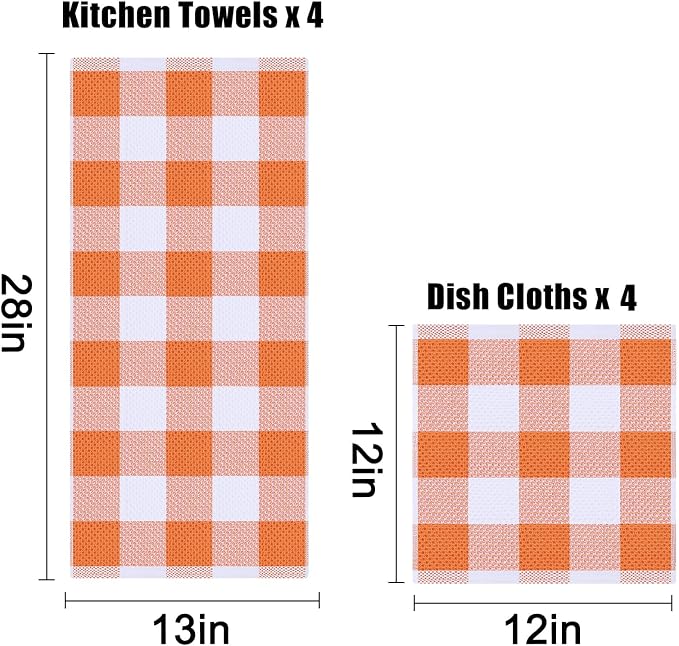 Homaxy Kitchen Towels and Dishcloths Set, Set of 8, White & Orange | Bulk Cotton Waffle Weave Check Plaid Kitchen Towels, Super Soft and Absorbent Dish Cloths, 12 x 12 and 13 x 28 Inches - Image 4