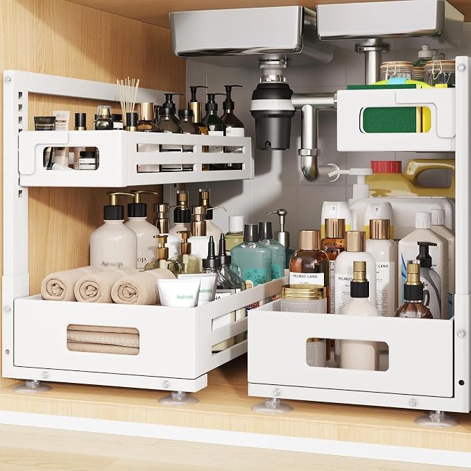 2 Pack 19IN-Depth Under Sink Organizer,Pull Out Cabinet Organizer With Smooth Cylindrical Rail,Metal Slide Out Drawer for Kitchen Bathroom Laundry,8-Level Tool Free Height Adjustable-White by UnderSinkOrganizer