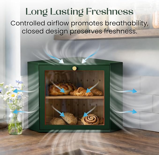 2 Tier Corner Bread Box for Kitchen Countertop, Green | Space-saving, food-safe bamboo corner countertop cabinet featuring a modern brass knob & controlled airflow. - Image 7