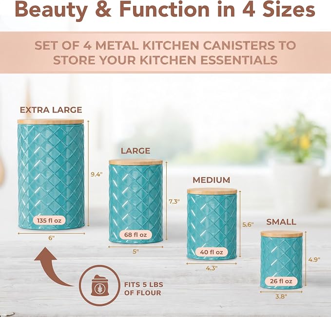 Pebble & Stem® Coastal Teal Metal Canister Set for the Kitchen with Measuring Spoon, Food Canister Set of 4, Airtight Lids, Sugar, Flour Containers, Coffee, Tea Storage, Farmhouse Decor - Image 2