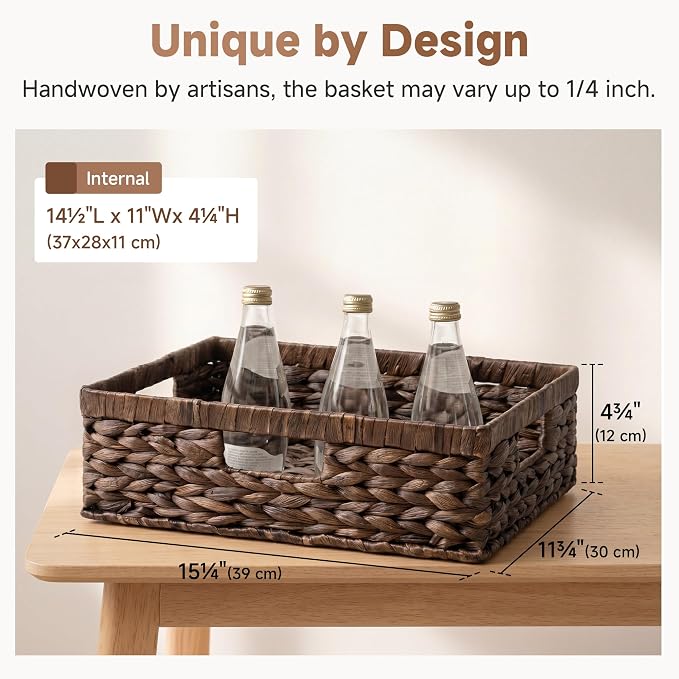 StorageWorks Large Wicker Storage Baskets for Shelves, Brown Baskets,1-Pack | Water Hyacinth Basket, Dark Brown Wicker Basket for Organizing,Pantry Organizers and Storage,Pantry Baskets,15¼" x 11¾" x 4¾" - Image 3