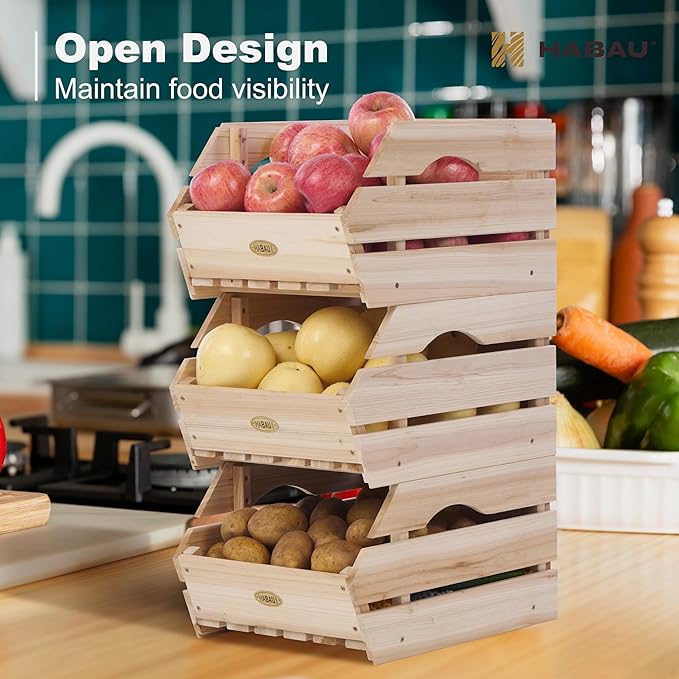 HABAU Wood Potato Onion Storage Bins - Wooden Stackable Produce Basket - Fruit Vegetable Storage for Kitchen Pantry Organization, Set 3 Pieces - Image 2