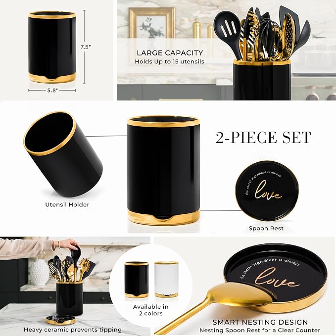 Styled Settings Black and Gold Cooking Utensils Set, 13-Piece | Kitchen Set with Black Ceramic Utensil Holder and Stackable Gold Spoon Rest - Luxury Kitchen Accessories for Stylish Cooking - Image 7