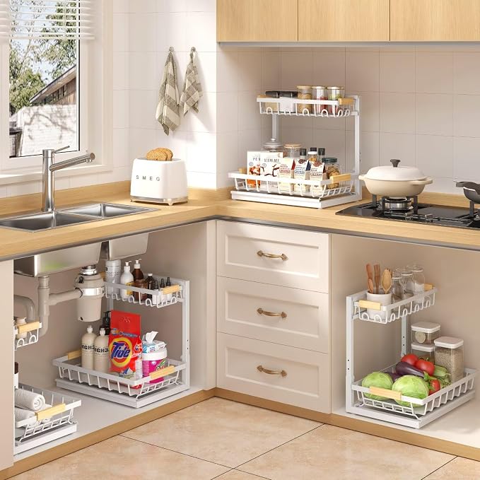 2-Pack 2-Tier Height Adjustable Under Sink Organizer & Storage | Multi-purpose storage for kitchen & bathroom cabinet. Extra Large white shelf, height adjustable design for space-saving. - Image 6
