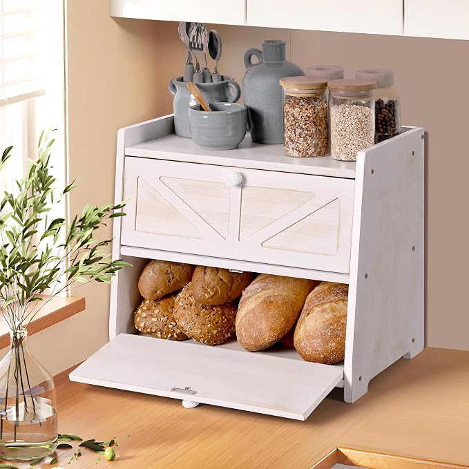 Bamboo Corner Bread Box for Kitchen Countertop 2-Tier White | Farmhouse Bread Storage Container, Large Pantry Organizers for Homemade Snacks, Loaves, Breathable Keeps Bread Fresh - Image 3