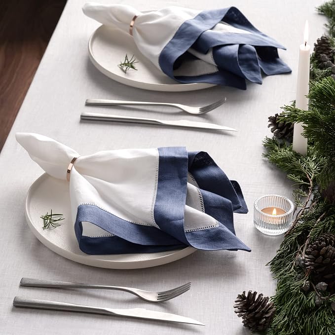 Linen Napkins 20 x 20 inch - 100% Pure Linen White and Navy Blue Dinner Napkins Set of 4 - Hemstitch Napkins Cloth Washable for Winter, Easter and Spring Decor - Image 5