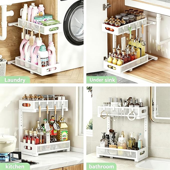Under Sink Organizer, 2 Tier Pull Out Cabinet Storage, White | Rustproof Carbon Steel, Mesh Sliding Drawers, 5-Level Height Adjustable to Bypass Pipes, for Kitchen, Bathroom, Laundry - Image 7