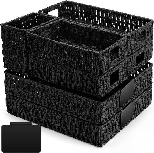 Marsui 9 Pcs Paper Rope Storage Baskets with Handle Labels Handwoven Multi-size Black Storage Bins for Organizing Small Baskets Container for Shelves Closet Pantry Toilet by Marsui