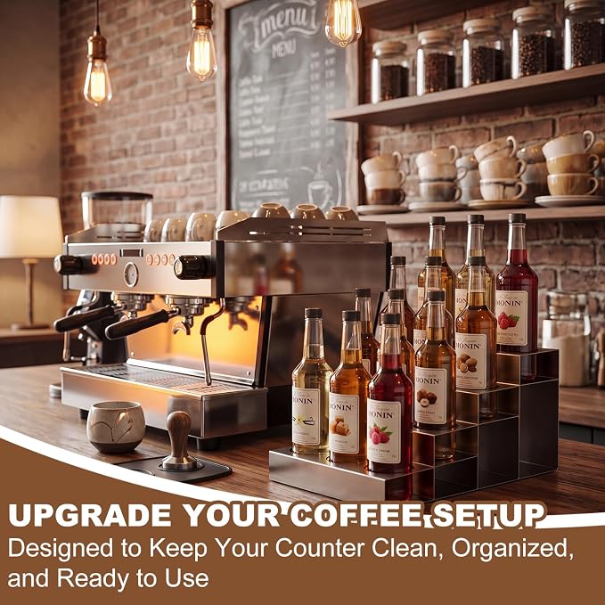 Novabright 4 Tier Coffee Syrup Rack Organizer, Stainless Steel Syrup Bottle Holder, 12 Bottles Storage Organizer for Coffee Bar, Wine Rack, Commercial Use, Home, Kitchen, Spices, 20" D x 12" W x 8" H - Image 2