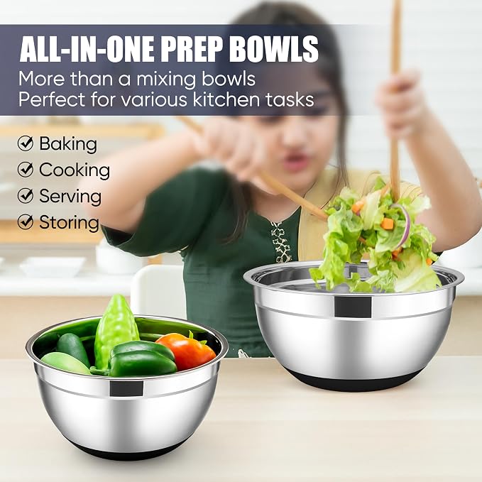 E-far Stainless Steel Mixing Bowls with Lids Set, 5-Piece Nesting Salad Bowls with 3 Grater Attachments and Non-Slip Bottoms, Size 4.6, 2.6, 2, 1.5, 1QT for Kitchen (Black) - Image 7
