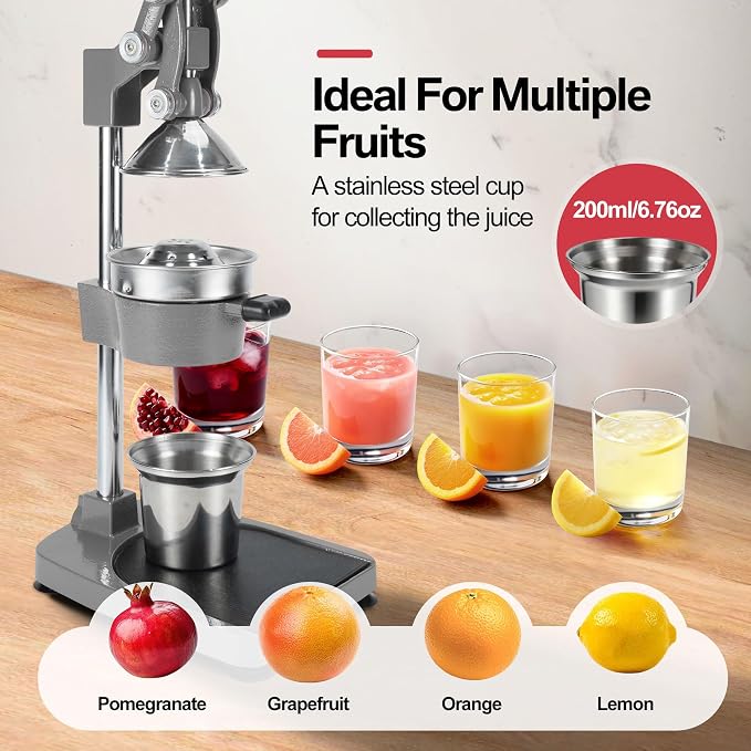 18 Inch Height Commercial Heavy Duty Cast Iron Hand Press Manual Orange Citrus Lemon Lime Grapefruit Pomegranate Fruit Juice Squeezer Machine with Stainless Steel Cup and Durable Base Grey - Image 3
