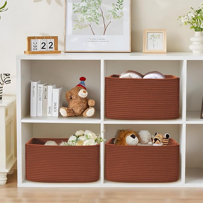 2 Pack Large Storage Basket for Organizing, 17.5"x13"x7" Woven Basket for Shelves, Closet Cube Storage Bins with Wrapped Handle, Cotton Rope Baskets for Kitchen, Clothes, Toys(Oxide Red) - Image 3