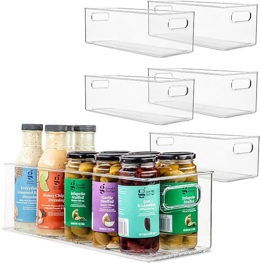 Plastic Food Storage 6 Pack Clear Container Bin with Handles for Organizing Kitchen, Pantry, Refrigerator, Freezer, Pantry, Cabinet, Closet, Bathroom. 16”x6”x5” by primebox