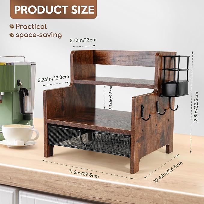3-Tier Coffee Station Organizer for Countertop, Wood Coffee Bar Organizer with Drawer, Rustic Coffee and Tea Condiment Organizer, K-Cups Coffee Corner Organizer with 6 Hooks for Coffee Bar Accessories - Image 3