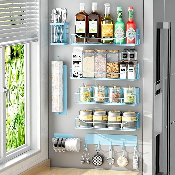 Magnetic Spice Rack for Refrigerator,8 Pack Magnetic Fridge Shelf, Moveable Spice Organizer with Hook Rack, Paper Towel Holder, Utensil Holder,cup lid holder, Super Magnetic Rack Set (Blue) by IYEBAU