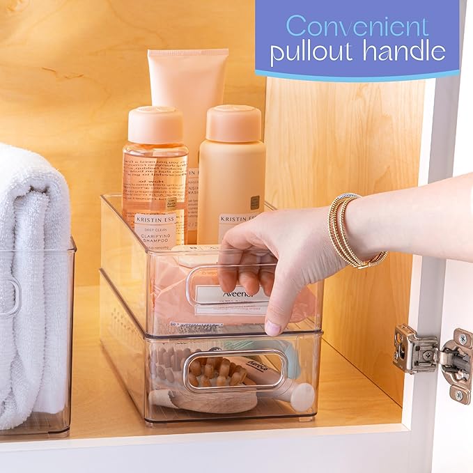Plastic Food Storage 4 Pack Clear Container Bin with Handles for Organizing Kitchen, Pantry, Refrigerator, Freezer, Pantry, Cabinet, Closet, Bathroom. Stackable 10”x6”x3” - Image 5