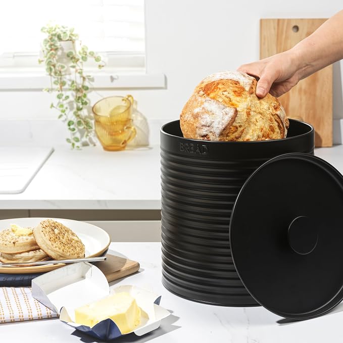 Russell Hobbs Ribbed Round Bread Bin – Metal Bread Box, Large Kitchen Canister, Countertop Storage/Organisation, Durable Powder-Coated Steel, Pull Top Lid, Easy to Clean, Ribbed Design, Black - Image 4