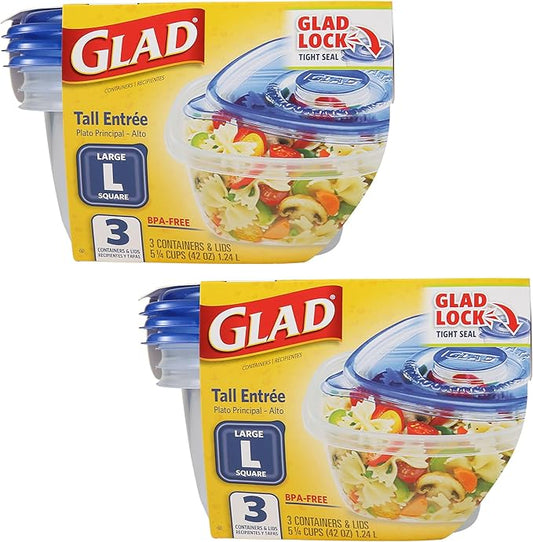 Glad GladWare Tall Entree Containers, Large Square, 42 Oz, 3 Count, 2-Pack | Stacks neatly in the fridge or freezer, ideal for casseroles and bulk meal prep, freezer safe by GladTrashFoodStorage
