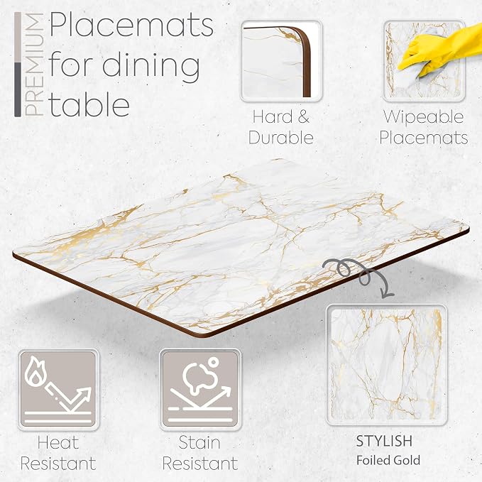 Set of 4 Heat Resistant Cork Placemats for Dining Table with Free Set of 4 Matching Drink Coasters Marble Design 16 x 12 Inches Cork Backed Hard Placemats (Foiled Gold) - Image 2