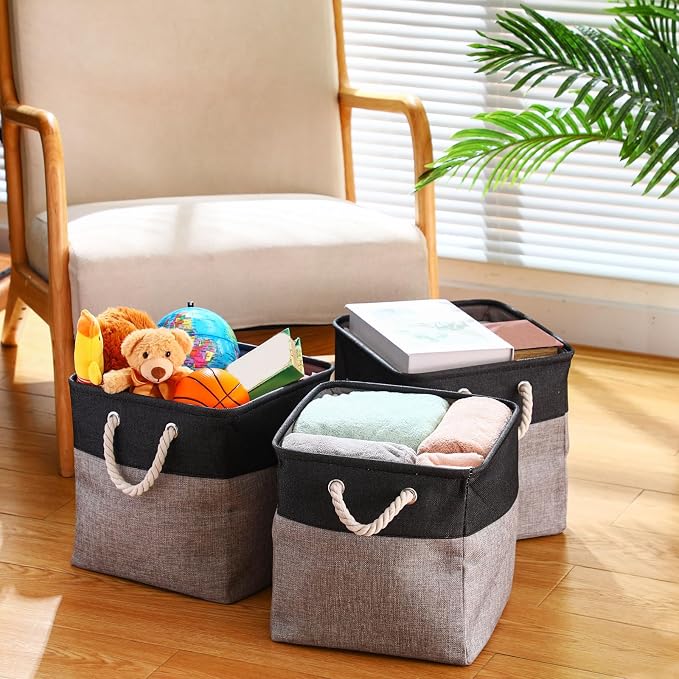 meekoo 8 Pack Collapsible Storage Bins Fabric Storage Bins Polyester Fabric Baskets with Handles Linen Closet Organizer for Shelf Home Closet Towels Toys(12 x 12 x 12in,Black Gray) - Image 6