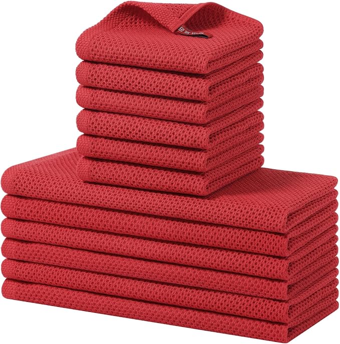 Homaxy 12 Pack 100% Cotton Kitchen Towels and Dishcloths Set, Red | 12 x 12 Inches and 13 x 28 Inches Kitchen Towels Set, Ultra Soft Absorbent Dish Cloths for Washing Dishes by Homaxy