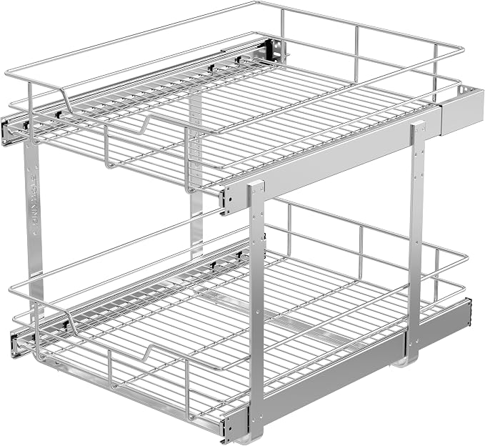 2 Tier Pull Out Cabinet Organizer 18" W X 22" D, Chromed, Full Slide Out | For Kitchen Organizers and Storage, Pull Out Drawers For Cabinets Capacity Heavy Duty Caddy, Cabinet Shelves, Bathroom Pantry by STORKING
