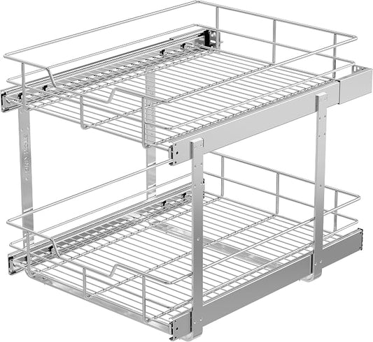 2 Tier Pull Out Cabinet Organizer 18" W X 22" D, Chromed, Full Slide Out | For Kitchen Organizers and Storage, Pull Out Drawers For Cabinets Capacity Heavy Duty Caddy, Cabinet Shelves, Bathroom Pantry by STORKING