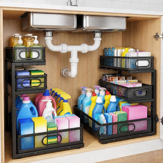 3-Tier Under Sink Organizer 2-Pack Organization for Bathroom Kitchen,Black | Thickened Metal Pull Out Cabinet Shelf Height Adjustable Slide Out Drawer Storage Rack for Pantry Laundry Home Office by Unknown