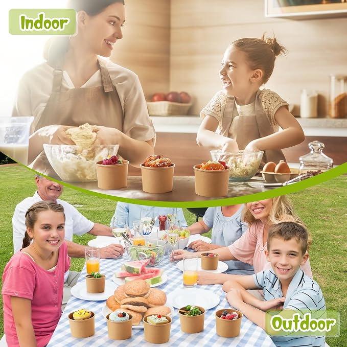 Fulmoon 100 Pack Paper Soup Containers with Lids Disposable Paper Food Containers with Vented Lid Kraft Ice Cream Cake Dessert Cups Soup Bowl for Party Hot Food Fruit Microwave(12 oz,Brown) - Image 5
