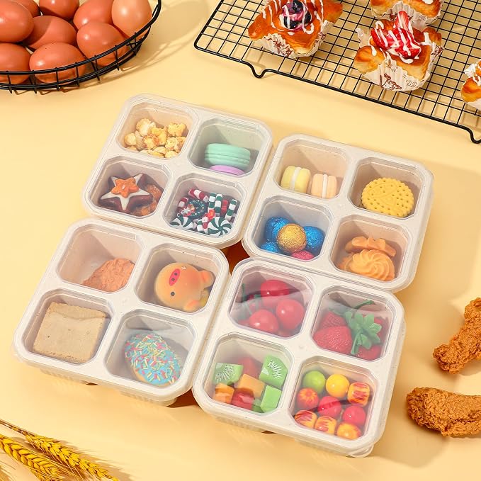12 Pcs 4 Compartment Snack Containers, Reusable Divided Snack Containers with Lids Wheat Straw Meal Lunch Box, Plastic Food Storage Container for Meal Prep, Travel, Snacks, Fruits - Image 6