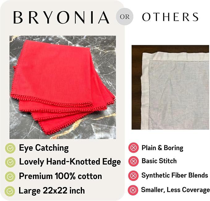 Cotton Napkins with Hand-Knotted Trim, Set of 4 – Lovely Reusable Cloth Napkins for Dining, Weddings, Birthday Gift, Summer, 22 x 22 Inch, Red - Image 3