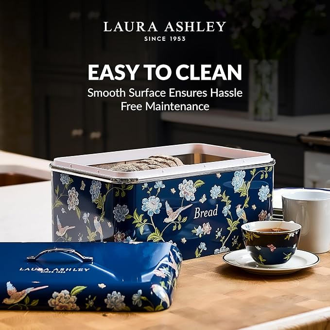 Laura Ashley Elveden Navy Large Bread Box for Kitchen Countertop -Breadbox | Durable Bread Storage Container, Food Grade Metal Bread Bin, Removable Lid, Keep Bread Fresh, Rust Resistant, Easy to Clean - Image 3