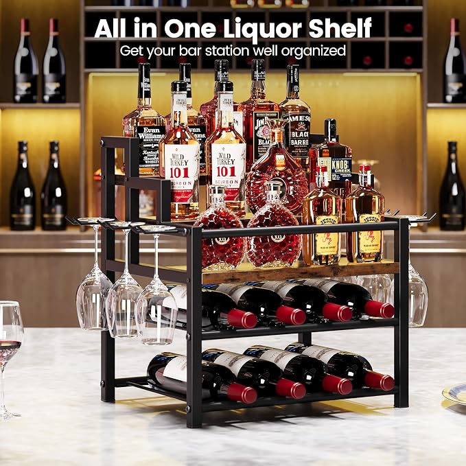 5-Tier Liquor Bottle Display Shelf, Holds up to 20 Bottles, Countertop Wine Racks with 6 Wine Glass Holders, Mini Wine Bar Cabinet for Home, All in One Coffee Syrup Whiskey Organizer - Image 2