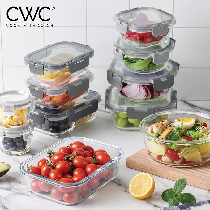 COOK WITH COLOR Premium 32-Pc. Borosilicate Glass Food Container Set with Dividers - 4 Rectangles, 8 Rounds, 4 Squares - Leakproof Lids - Meal Prep, Storage, Ombre Grey - Image 2