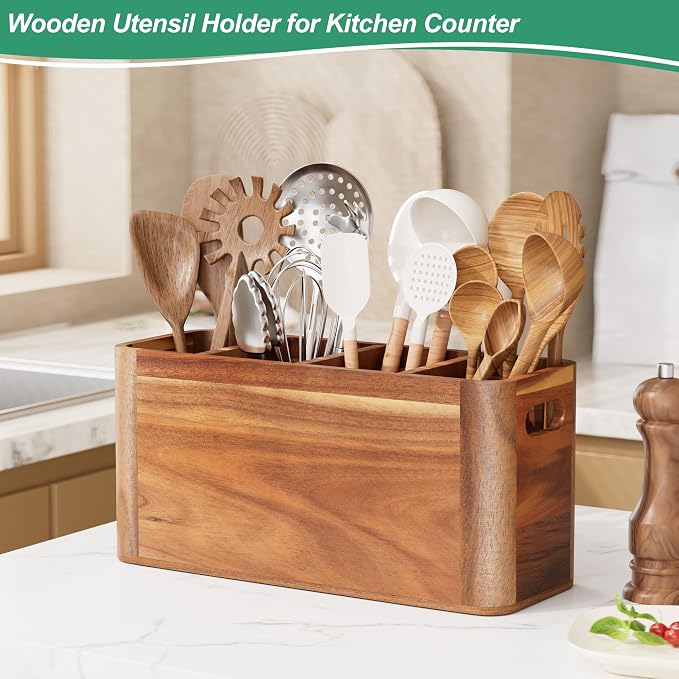 ZUJJAFY Utensil Holder, Acacia Wood Kitchen Utensil Holder for Counter with 4 Compartments, Extra Large Wooden Kitchen Utensils Organizer for Countertop Cooking Spatula Storage - Image 7