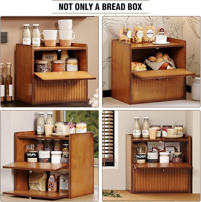 Trironsun Rustic Bread Box for Kitchen Countertop Bamboo Bread Storage Container Bin Double Layer BreadBox Farmhouse Large Capacity Food Organizer (Brown) - Image 8