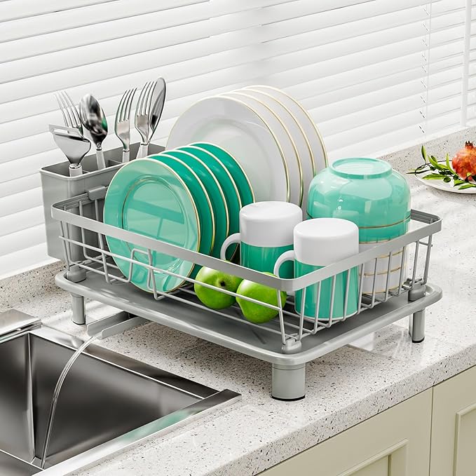 Dish Drying Rack, Stainless Steel-Dish Rack, (gray-11 W x 15" L) | Dish Racks for Kitchen Counter, Kitchen Dish Drainers with Removable Utensil Holder,New drain outlet, by GAOKASE