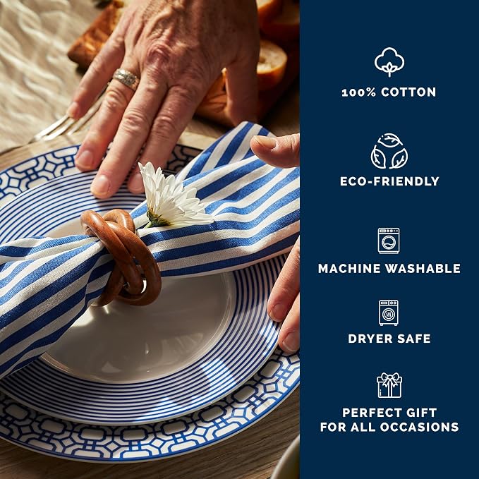 Pinstripe Blue Dinner Napkins Set of 4 | 100% Cotton Cloth Set for Entertaining or Everyday Table | Perfect for Wedding, Birthday, Christmas Blue and White, 22 Inch Square - Image 3