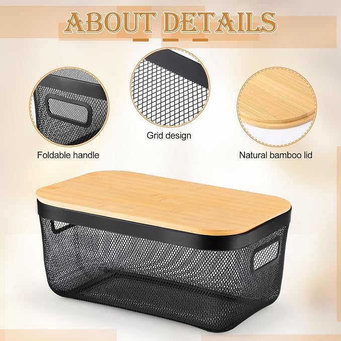 Sawysine 4 Pcs Metal Mesh Steel Basket with Handles and Bamboo Lids 16 x 9.8 '' Stackable Black Wire Basket Pantry Organization and Storage for Cabinets Shelves Kitchen Harvest - Image 3