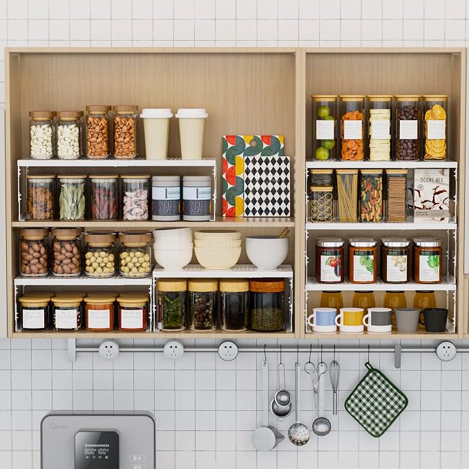 Stackable Expandable Metal Shelf Organizer - Adjustable Wire Storage Rack with Holes for Kitchen, Bathroom, Cabinet, Office - Space Saving, Durable & Sturdy Design（1PACK/Medium/White - Image 5