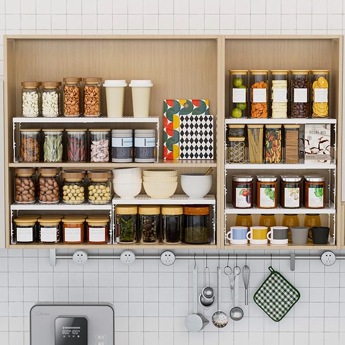 Stackable Expandable Metal Shelf Organizer - Adjustable Wire Storage Rack with Holes for Kitchen, Bathroom, Cabinet, Office - Space Saving, Durable & Sturdy Design（3PACKS/Medium/White - Image 5