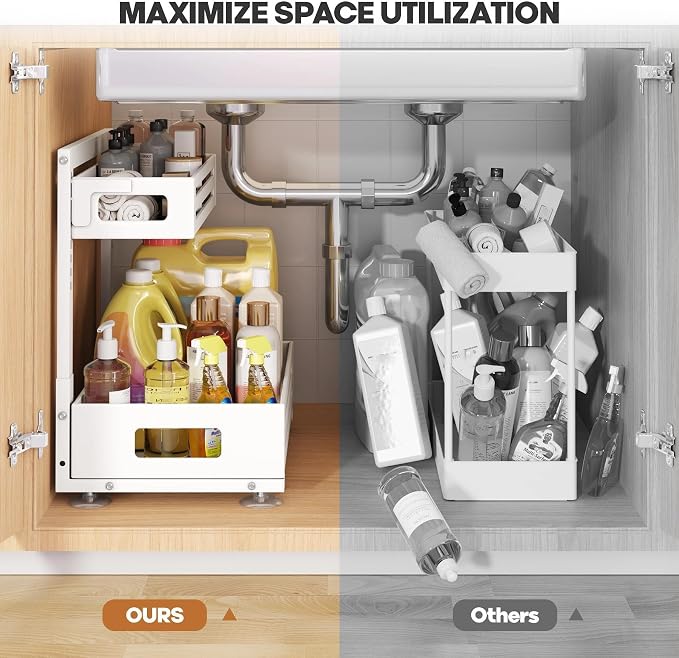 2 Pack Under Sink Organizer,Pull Out Cabinet Organizer With Smooth Cylindrical Rail,Metal Slide Out Drawer for Kitchen Bathroom Laundry Cabinet,8-Level Tool Free Height Adjustable-White - Image 6