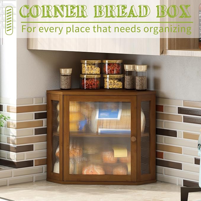 BMOSU Corner Bread Box for Kitchen Countertop Double Layer Bamboo Wooden Bread box Large Capacity Bread Storage Bin(Brown, Medium) - Image 3