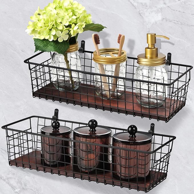 SheeChung [Extra Large Wall Storage Basket, Metal Hanging Basket, Black | Wooden Base & Handle, Wire Farmhouse Food Storage Organizer for Home Kitchen Bathroom Pantry Laundry Closet Garage RV, 2 Pack - Image 5