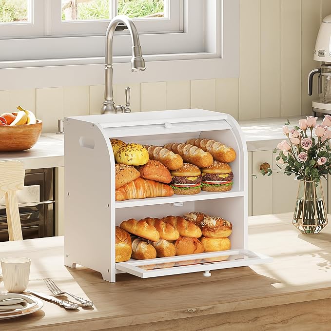 HOOBRO Bread Box, Bamboo Bread Box for Kitchen Countertop, 2 Tier Roll-Top Bread Bin, Food Storage Box, Large Capacity Keeper, Wooden Storage Cabinet, for Kitchen, Dining Room, White WT13MB01 - Image 4