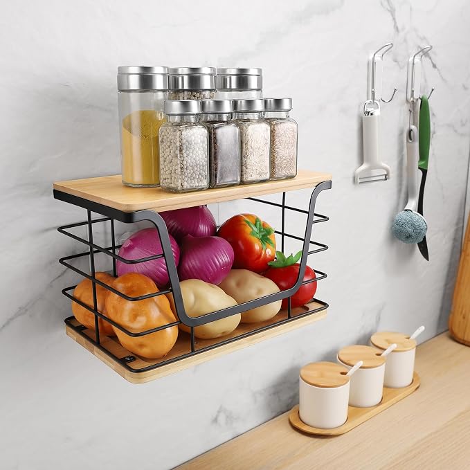 ALOCEO Large Wire Basket for Kitchen Pantry, Stainless Steel Kitchen Counter Organizer for Potato Onion, Trash Bag Dispenser Under Sink with Bamboo Top, Black - Image 2
