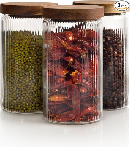 Mason & Fable Ribbed Glass Jars with Wooden Lid 27 fl oz- Set of 3 | Airtight Fluted Storage Container for Pasta, Coffee, Candy, Dog Treats, Snacks | Glass Organization Canisters for Home & Kitchen by MasonFable