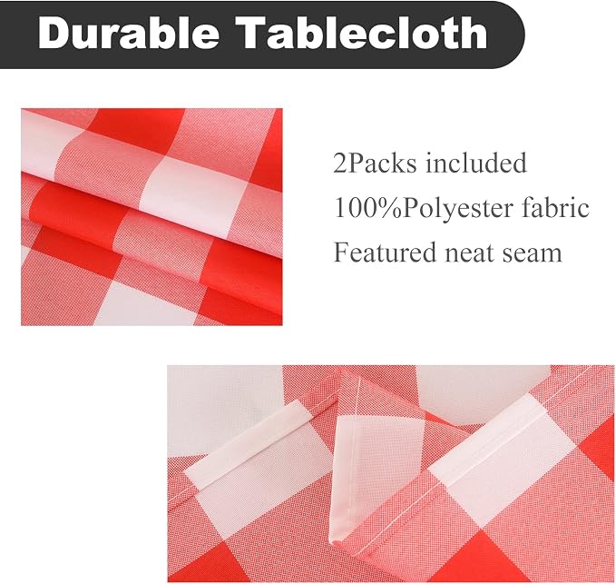 Cupuamon 2 Pack Waterproof Polyester Fabic Rectangle Checkered Tablecloth，60x120 Outdoor Table Cloth，Oil Stain Prevention Table Cloth for Pinics and Parties（Red and White） - Image 2