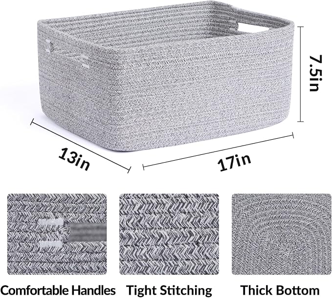 MiniArk Large Storage Baskets for Shelves, 17 x 13 x 7.5” Closet Organizers Bins for Clothes Blanket Towels, Baby Nursery, Toy Baskets Box, Woven Rope Baskets, 3 Packs Mixed Grey - Image 2